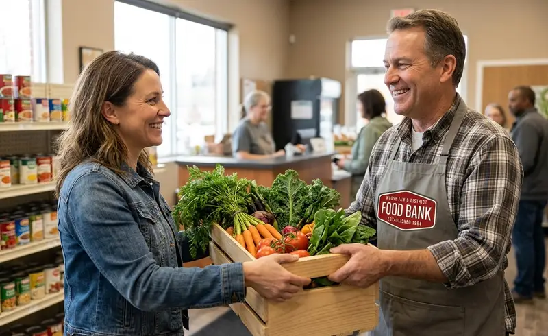A woman and a food bank volunteer holding a crate of fresh vegetables together.