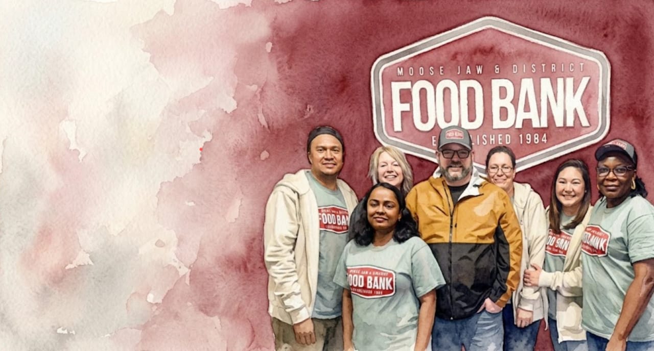Moose Jaw & District Food Bank staff and volunteers in Food Bank T-shirts and caps, smiling together in front of the Food Bank sign.