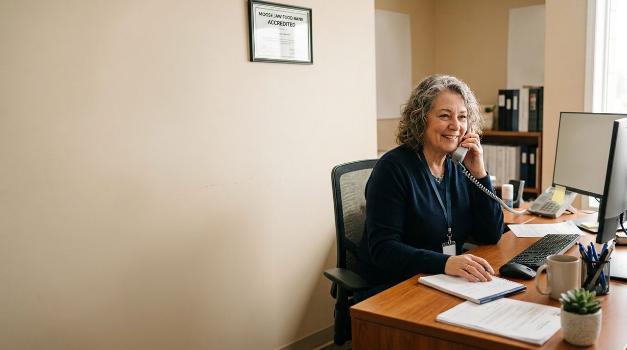 A smiling food bank staff member answering the phone at her desk.