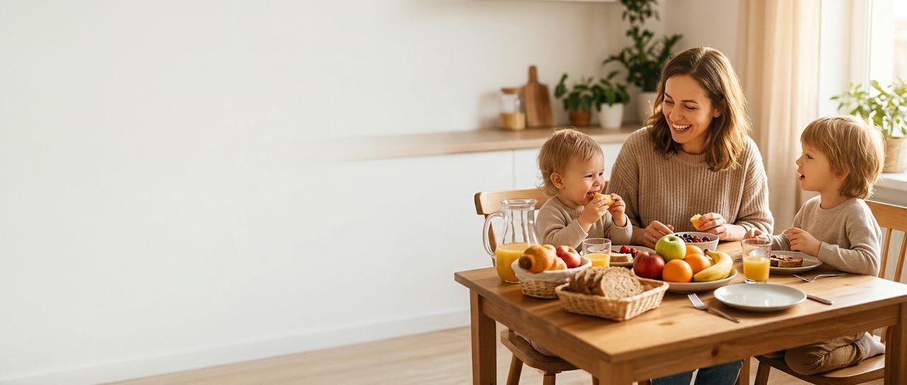 A mother and two young children sharing a meal around a table with fresh fruit and bread.