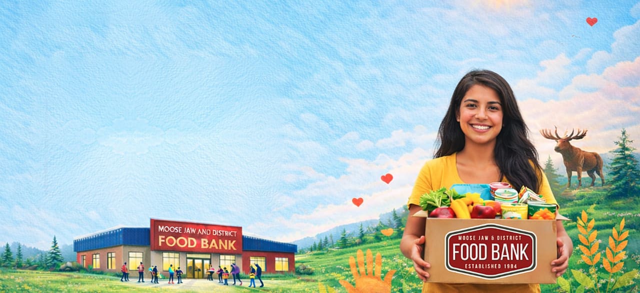 A smiling woman holds a Moose Jaw & District Food Bank box full of fresh vegetables and groceries, with the food bank building, neighbours and a moose on the prairie behind her.