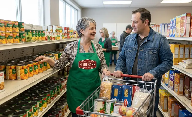 A food bank volunteer helping a shopper choose groceries in the pantry.