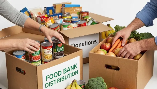 Hands packing donated canned food and fresh produce into food bank boxes.